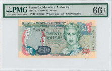 BERMUDA: 20 Dollars (24.5.2000) in green and red on multicolor unpt. Mature portrait of Queen Elizabeth II at center-right on face. S/N: "D/1 001523"....