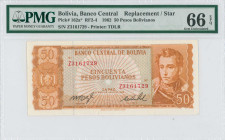 BOLIVIA: Replacement of 50 Pesos Bolivianos (Law 13.7.1962) in orange on multicolor unpt. Portrait of Antonio Jose de Sucre at right and coat of arms ...