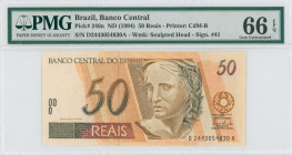 BRAZIL: 50 Reais (ND 1994-) in dark brown and red-brown on multicolor unpt. Sculpture of the Republic at center-right on face. S/N: "D 2443054830 A". ...