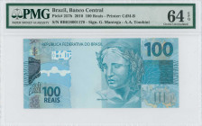 BRAZIL: 100 Reais (2010) in blue on multicolor unpt. Sculpture of Republic at center-right on face. S/N: "BB 018001178". WMK: Grouper and value "100"....