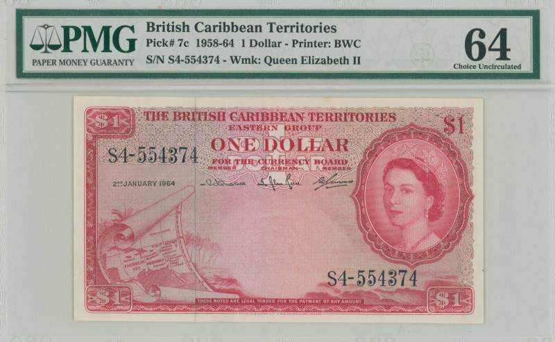 BRITISH CARIBBEAN TERRITORIES: 1 Dollar (2.1.1964) in red on multicolor unpt. Po...
