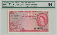 BRITISH CARIBBEAN TERRITORIES: 1 Dollar (2.1.1964) in red on multicolor unpt. Portrait of Queen Elizabeth II at right and map at lower left on face. S...