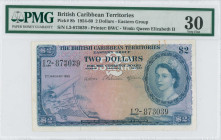 BRITISH CARIBBEAN TERRITORIES: 2 Dollars (2.1.1958) in blue on multicolor unpt. Portrait of Queen Elizabeth II at right and map at lower left on face....