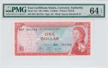 EAST CARIBBEAN STATES: 1 Dollar (ND 1965) in red on multicolor unpt. Map of islands at left and Portrait of Queen Elizabeth II at right on face. S/N: ...