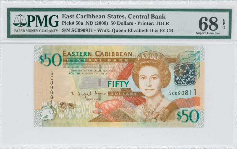 EAST CARIBBEAN STATES: 50 Dollars (ND 2008) in bronze and orange on multicolor u...