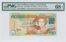 EAST CARIBBEAN STATES: 50 Dollars (ND 2008) in bronze and orange on multicolor unpt. Queen Elizabeth II at center-right on face. S/N: "SC 090811". WMK...