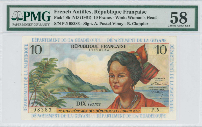 FRENCH ANTILLES: 10 Francs (ND 1964 / issued in 1966) in multicolor. Local woman...