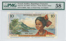FRENCH ANTILLES: 10 Francs (ND 1964 / issued in 1966) in multicolor. Local woman at right on face. S/N: "Y.7 59225". WMK: Head of Antillean woman. Sig...