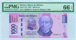 MEXICO: 1000 Pesos (20.11.2007) in violet and brown on multicolor unpt. Miguel Hidalgo at center-right on face. S/N: "M0366712". Series C. WMK: Miguel...
