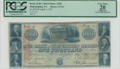 USA: 1000 Dollars (4.4.1837) in blue. Portraits vertically at left and right on face. S/N: "B 254". Uniface. Issued by the Bank of the United States, ...