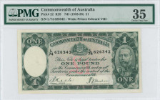 AUSTRALIA: 1 Pound (ND 1933-1938) in dark green on multicolor unpt. Portrait of King George V at right on face. S/N: "L/74 626342". WMK: Edward, Princ...