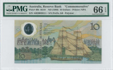 AUSTRALIA: 10 Dollars (ND 1988) commemorative issue in brown and green on multicolor unpt. Captain Cook OVD at upper left, colonists across background...