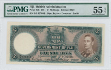 FIJI: 5 Shillings (1.6.1951) in blue on brown and blue unpt. Portrait of King George VI at right on face. S/N: "B/9 137053". WMK: Fijian head. Signatu...