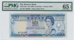 FIJI: 20 Dollars (ND 1988) in blue on multicolor unpt. Queen Elizabeth II at right and arms at upper center on face. S/N: "B/7 565082". WMK: Fijian he...