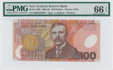 NEW ZEALAND: 100 Dollars [(20)06] in brownish red and multicolor. Lord Rutherford of Nelson at center and Nobel prize medal in unpt at left on face. S...