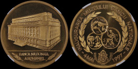 Brass commemorative medal (1997) for the official opening of the National Bank of Romanian Museum. New wing of the National Bank of Romania building o...