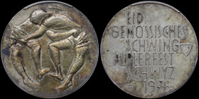 SWITZERLAND: Silver commemorative medal (1971) for Federal Wrestling and Alpine Games Festival. Two wrestlers on obverse. Legend "EID / GENOSSISCHES /...