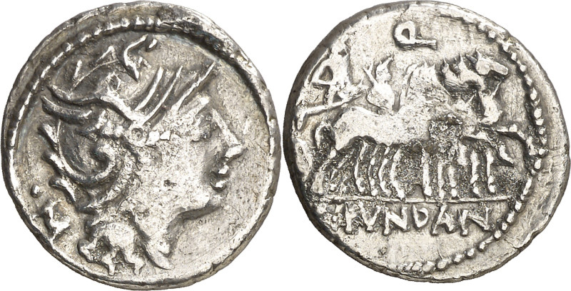 (hacia 101 a.C.). Gens Fundania. Denario. (Bab. 1) (Craw. 326/1). 3,48 g. MBC-.