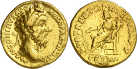 (168 d.C.). Marco Aurelio. Áureo. (Spink 4858) (Co. 207) (RIC. 183) (Calicó 1857). Perforación tapada. 7,17 g. (MBC).