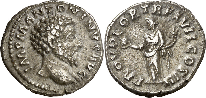 (162 d.C.). Marco Aurelio. Denario. (Spink falta) (S. 526) (RIC. 71). 2,57 g. MB...