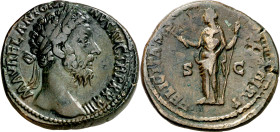 (179 d.C.). Marco Aurelio. Sestercio. (Spink 4970) (Co. 186) (RIC. 1239). 23,75 g. MBC/MBC-.