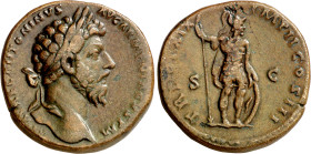 (165 d.C.). Marco Aurelio. Sestercio. (Spink 5009 var) (Co. 796) (RIC. 898). 24,73 g. MBC.