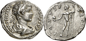 (200 d.C.). Caracalla. Denario. (Spink 6857) (S. 413) (RIC. 30a). 3,34 g. EBC/EBC-.