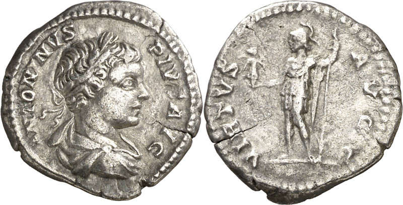 (203 d.C.). Caracalla. Denario. (Spink 6903) (S. 665a) (RIC. 149). Pequeña griet...