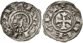 Alfonso VIII (1158-1214). Taller itinerante de Batalla. Dinero. (AB. 23.1, como Alfonso I de Aragón ceca Toledo). 0,67 g. MBC-.