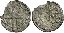 Alfonso IX (1188-1230). Santiago. Dinero. (AB. 130.2). Cospel ligeramente irregular. Muy escasa. 0,59 g. BC+.