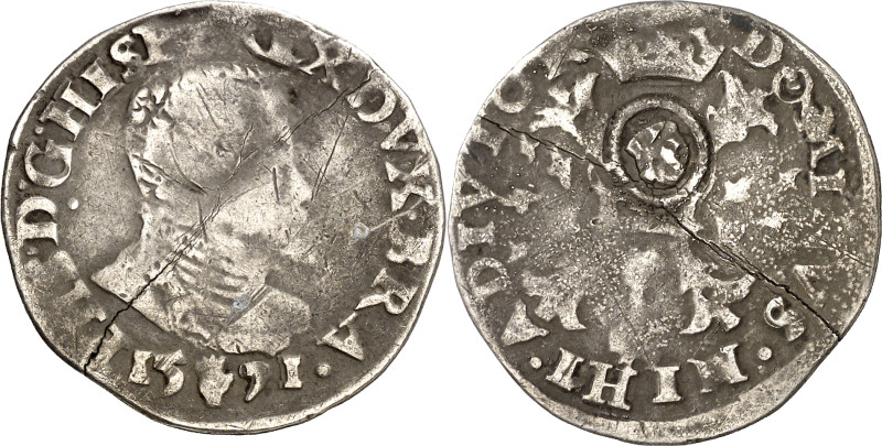 1571. Felipe II. Amberes. 1/10 de escudo felipe. Resello león en escudo (De Mey ...