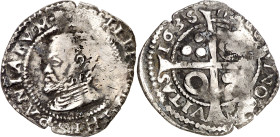 1635. Felipe IV. Barcelona. 1 croat. (AC. 656) (Cru.C.G. 4413). Busto de Felipe II. Acuñación parcialmente floja. Rara. 2,66 g. (MBC-).