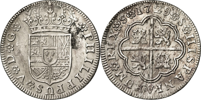 1729. Felipe V. Sevilla. 2 reales. (AC. 985). Oxidaciones. Escasa. 5,37 g. (MBC)...