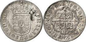 1729. Felipe V. Sevilla. 2 reales. (AC. 985). Oxidaciones. Escasa. 5,37 g. (MBC).