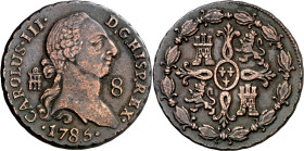 1785. Carlos III. Segovia. 8 maravedís. (AC. 81). Limpiada. 11,77 g. MBC.