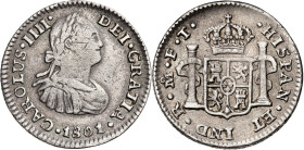 1801. Carlos IV. México. FT. 1/2 real. (AC. 445). 1,65 g. MBC-/MBC.