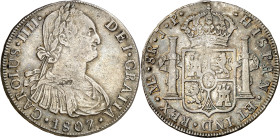 1807. Carlos IV. Lima. JP. 8 reales. (AC. 927). Golpecitos. Pátina. 26,29 g. MBC.