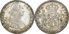 1796. Carlos IV. México. FM. 8 reales. (AC. 959). Golpecitos y rayitas. 26,79 g. MBC.