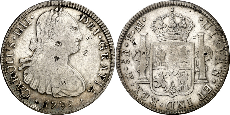 1798. Carlos IV. México. FM. 8 reales. (AC. 961). Resellos orientales. 26,32 g. ...