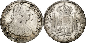 1798. Carlos IV. México. FM. 8 reales. (AC. 961). Resellos orientales. 26,32 g. MBC-.