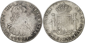 1791. Carlos IV. Potosí. PR. 8 reales. (AC. 991). Primer año de busto propio. Acuñación floja. Escasa. 26,76 g. (MBC-).