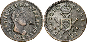 1820. Fernando VII. Pamplona. 1 maravedí. (AC. 35). Busto laureado. Escasa. 2,13 g. MBC-/MBC.