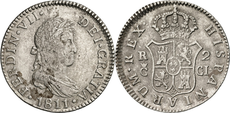 1811. Fernando VII. Cádiz. 2 reales. (AC. 726). Marca de ceca grande. Manchitas....