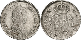 1811. Fernando VII. Cádiz. 2 reales. (AC. 726). Marca de ceca grande. Manchitas. 5,89 g. MBC-.