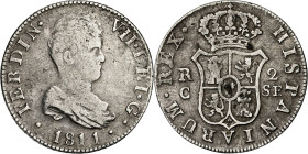 1811. Fernando VII. Catalunya (Tarragona o Mallorca). SF. 2 reales. (AC. 765). Con punto entre los ensayadores. 5,26 g. BC+/MBC-.