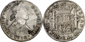 1810. Fernando VII. Lima. JP. 8 reales. (AC. 1241). Busto indígena. Oxidaciones. Escasa. 27,27 g. (MBC+).