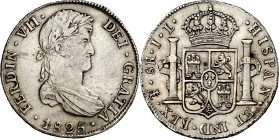 1825. Fernando VII. Potosí. JL. 8 reales. (AC. 1394). Acuñación republicana. Limpiada. Rayas, especialmente en canto. 26,90 g. (MBC+).