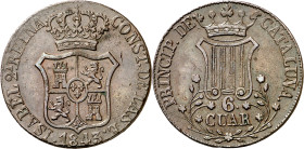 1843. Isabel II. Barcelona. 6 cuartos. (AC. 25). Muy escasa. 13,84 g. MBC-.