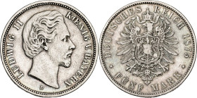 Alemania. Baviera. 1875. Luis II. D (Múnich). 5 marcos. (Kr. 896). AU. 27,55 g. MBC/MBC-.