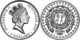 Australia. 2000. Isabel II. 5 dólares. (KM. 381). Juegos Olímpicos - Sidney '00. Círculo onírico. En estuche oficial con certificado. AG. 31,44 g. Pro...
